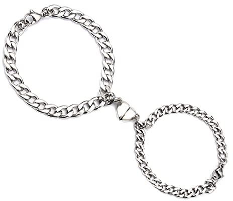 VELESAY 1Paio Coppia Acciaio Inox Bracciali con Calamita Bracciale Magnetico Coppia Curb Link Chain Bracciali Catena di Coppia Braccialetto per Donna Uomo