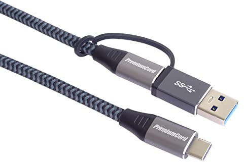PremiumCord USB-C 3.2 Gen 2x2 Verbindungskabel, Datenkabel SuperSpeed bis zu 20Gbit/s, Ladenkabel bis zu 5A, Leistung 100W, PD 3.0 / QC 4.0, USB Typ-C Stecker + Typ-A Stecker, Schwarz, Länge 2m