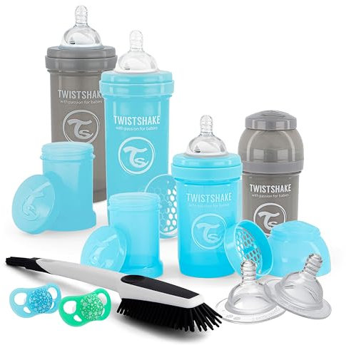 Twistshake Anti-Kolik-Babyflaschenset für Neugeborene mit Milchpulverbehälter und Mixer – 9-teilig | 4 x Milchflaschen – 2 x Schnuller – 2 x Sauger – 1 x Flaschenbürste | BPA-frei | 0m+ | Blaugrau