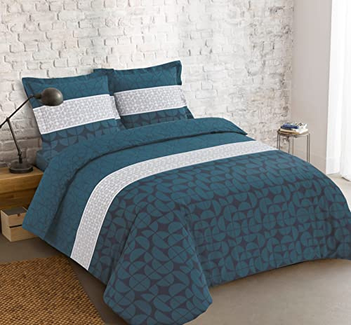 Vision - Parure de lit Basile - 100% Coton - Bleu - Set de Housse de Couette 260 x 240cm avec 2 taies d'oreiller pour lit Kingsize 2 Personnes - Fibres Naturelles - Oekotex