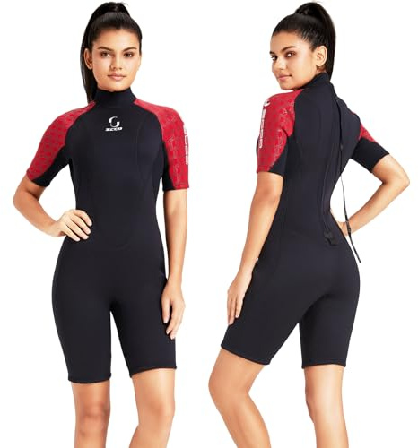 Neoprendräkt dam ryggdragkedja kort neoprendräkt herr 3 mm neopren kortärmad neoprendräkt för surfing simning paddling snorkling kanotpaddling dykmaskin (röd)