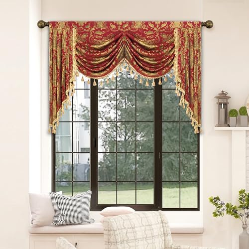 TOPLUXE Swag Valance for Windows, Damask Waterfall Valance with Tassels, Short Curtain for Bedroom Living Room Kitchen, Rod Pocket (Width 150cm, Red)