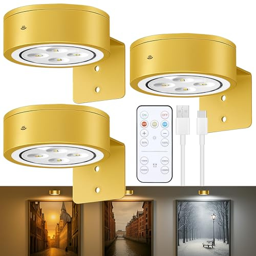 Picture Lights for Wall, Rechargeable Battery Wireless Poster Lights, Gold