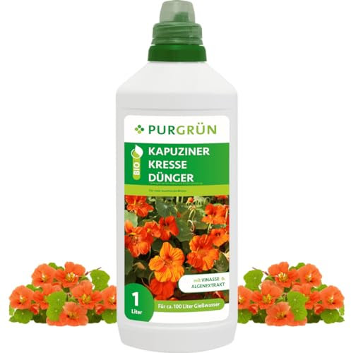 Purgrün® Bio-Kapuzinerkresse-Dünger 1 Liter – Organische Rezeptur – Premium-Flüssigdünger – NPK 4+1+7 – Mit Algenextrakt & Vinasse – Extra Kalium für leuchtende Blüten