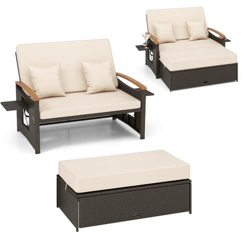 LIFEZEAL Sonnenliege Wetterfest Rattan, Gartenliege Outdoor mit Liegefunktion, Gartensofa mit Seitentisch & Verstellbarer Rückenlehne, Doppelliege für Garten, Terrasse & Balkon (Beige)