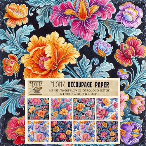Decoupage Paper Pack (24 Sheets 6x6) Bright Flowers of Rococo Sketch # Vintage Styled Pattern Paper for Decoupage, Craft and Scrapbooking