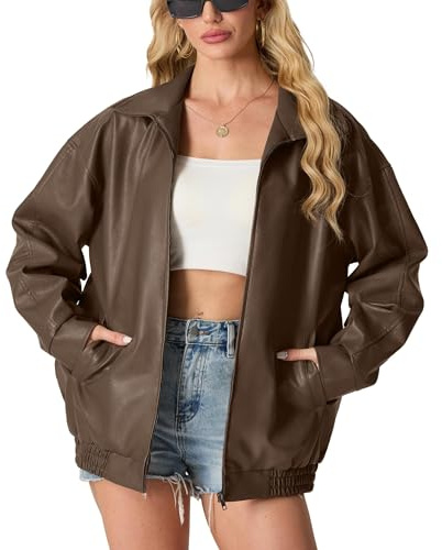 GRECERELLE Faux Leather Jacket Women with Zip Pockets Women's Jackets Long Sleeves Zip Up Motorcycle Jacket Bomber Jacket Womens Coat (Brown,M)