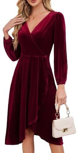 Meetjen Women's Long Sleeve V Neck Asymmetrical Hem Velvet Dress Flowy 2025 Fall Wedding Guest Dresses Burgundy M