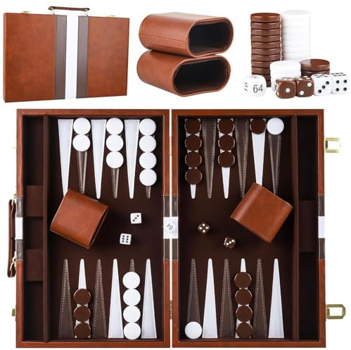 Backgammon Koffer Holz,2 Spieler Klassisches Reise-Backgammon-Set mit Hochwertiger Ledertasche Tragbares und mit Würfelbecher für Camper & Travel-Fans