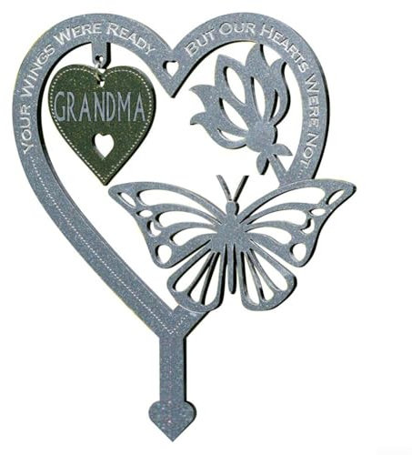 Placa conmemorativa para tumba, elegante en forma de corazón, con flores de mariposa para recuerdo fallecido (abuela)