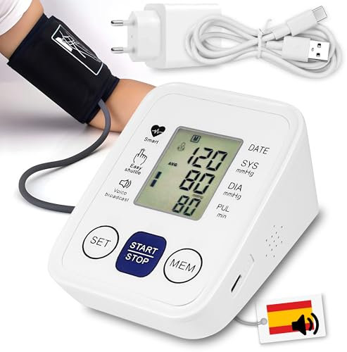 Maxter Tensiometro de Brazo Digital con VOZ en ESPAÑOL ON/OFF Enchufe y Cable USB (Sin Batería) Medidor Tension Arterial y Frecuencia Cardíaca - Monitor de Presión Arterial con Manguito y Memoria 2x99