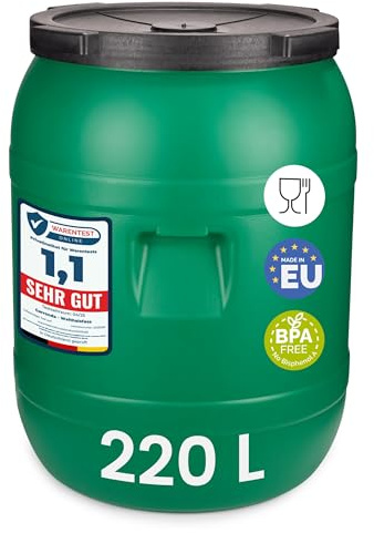 Garronda 220 litros Bidón de plástico, Barril alimentario en HDPE y sin BPA, depósito de Agua, Barril Universal de Boca Ancha, tonel de jardín, Contenedores de Almacenamiento GD-0142, Verde