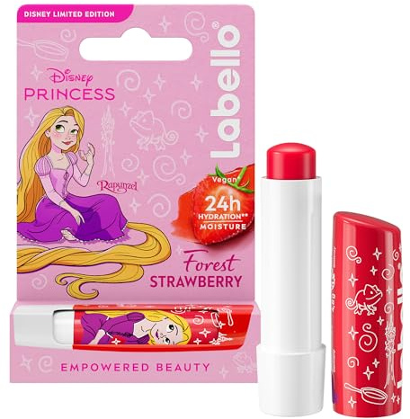 LABELLO Baume à lèvres Édition Limitée Disney Princesse Raiponce Forest Strawberry 1x 4,8 g — Stick à lèvres hydratant pour enfants — Baume parfumé à la fraise