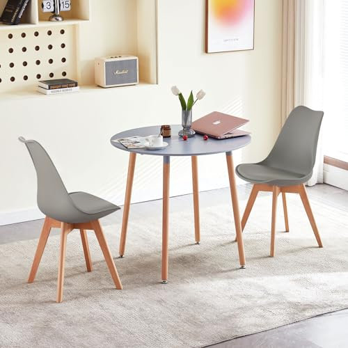 LafeuR Esstisch mit 2 Stühlen Essgruppen, Esszimmergruppe 80CM Runder Küchentisch und 2er Set Esszimmerstühle für Wohnzimmer Küche Büro(Grau Tisch+2 Grau Stühle)