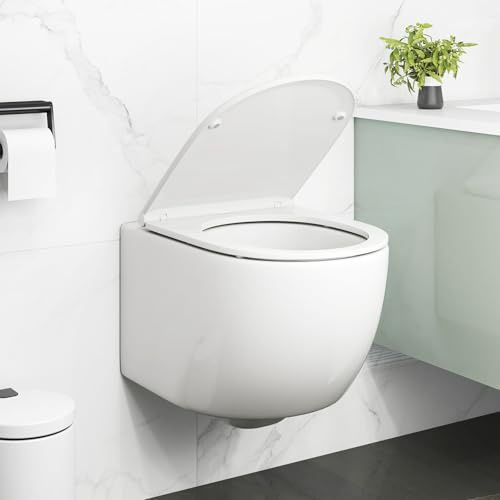 COSTWAY Väggtoalett utan kant, keramisk hängande WC med toalettsits, 4 L/6 L dubbelt spolsystem, automatisk sänkning och urea-formaldehydtoalettlock, vägg toalett komplett set glänsande vit 52,5 x 36