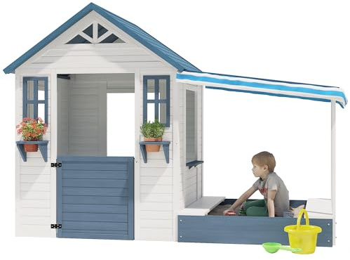 Kids Playhouse with Sandbox, Wooden Outdoor Cottage Play House with Sand Pit for Backyard Garden Ages 3 to 10 Years Old (Grey)