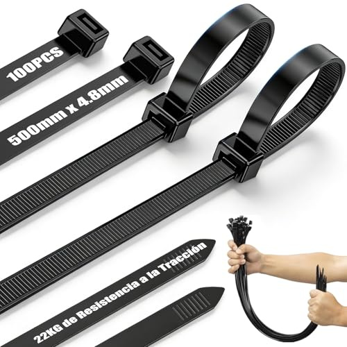 Bridas Plastico Extralargas Reutilizables, Bridas Negro 100 Piezas 500 mm x 4,8 mm para Cables, 22 KG de Resistencia a la Tracción, Resistentes a los Rayos UV para Interiores y Exteriores