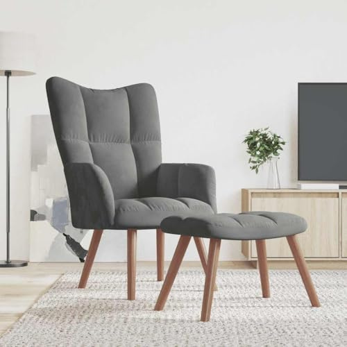 Ordellia Relaxfåtölj med pall, mörkgrå sammet, bekväm armstol för vardagsrum, sovrum, kontor, mysiga inomhus- och sittmöbler för vuxna