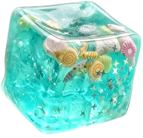 Gel stressbollar, kub stressboll hav sensoriska fidgetleksaker – 4,5 cm blå genomskinlig kub med glitter, bärbar avlastningsleksak för kontor, skola, resor