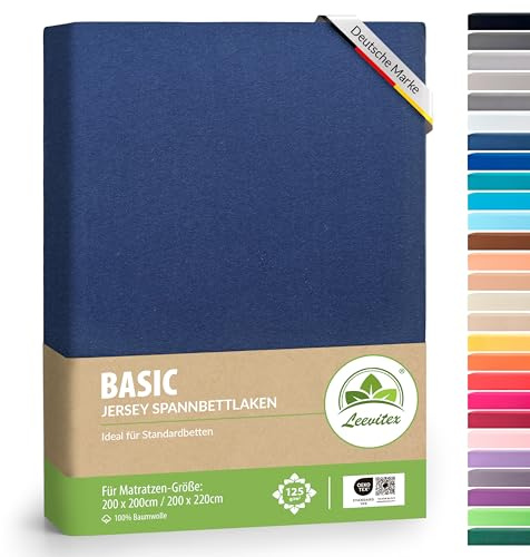 leevitex Jersey Spannbettlaken 200x220 cm – 100% Baumwolle, Steghöhe 40 cm, Spannbetttuch für Boxspringbett & Wasserbett, Oeko-TEX Standard 100, Navyblau/Marine