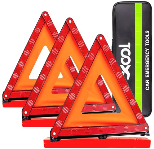 XOOL Lot de 3 Triangles de Signalisation Voiture, Triangle de Présignalisation Pliables avec Boîte de Rangement, Haute Visibilité Réfléchissante, Base Stable Antidérapante, Kit Sécurité Routière