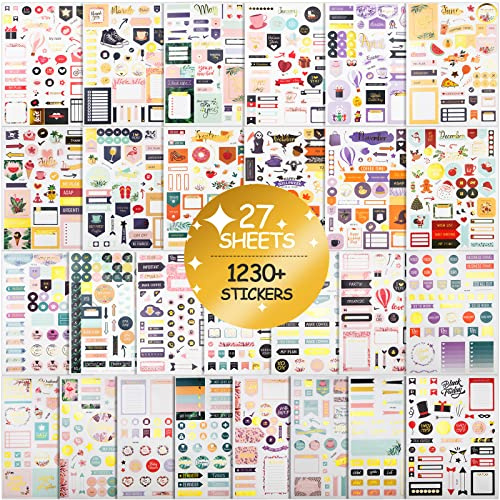 FEMBW Stickers Bullet Journal, 27 Feuilles/1230+ Pièces Autocollants Bullet Journal pour Planner, Agenda, Calendriers, DIY Scrapbooking, Planificateurs de Décoration, Accessoires Organiseur