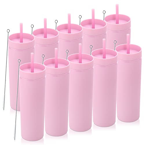Volhoply 20oz Plastic Skinny Tumblers Bulk 10 Pack,Double Wall Tumbler with Lid and Straw,BPA Free Matte Acrylic Iced Coffee Cups for Parties(Pink, 10 Set)