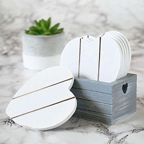 Marco Paul White Hearts Wooden Coasters with Holder Wood Placemats Cups Coasters House Warming Gifts New Home Wood Coasters set of 6 Decorative Home Accessories New Home Gifts for Women Friends