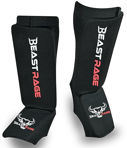 BEAST RAGE Protège-Tibias pour Muay Thai, Kickboxing, MMA, Taekwondo, Boxe, Arts Martiaux, Chaussettes élastiques rembourrées, Coussinets de Protection du Cou-de-Pied, protège-Tibias,