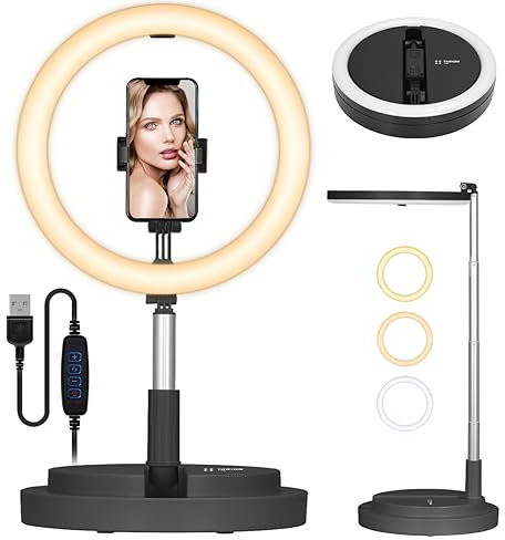 TARION Ringlicht mit Stativ LED Ringleuchte: Tisch Ring Light 11,8 Zoll Ringlampe Lichtring Faltbare Ringlight mit Handyhalterung Handy Stativ für Smartphone Video Fotografie Live Steaming(Schwarz)