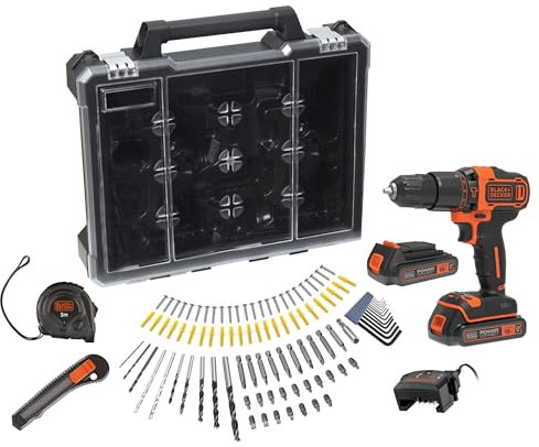 BLACK+DECKER Taladro percutor 18 V con 2 Baterías de 2.0 Ah, Cargador de 400 mA y 100 accesorios en una caja de almacenamiento, BDCHD18D2AB-QW