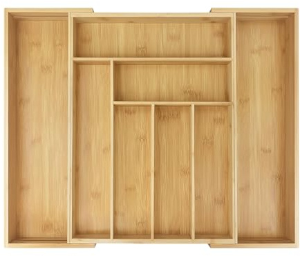 Cutlery Tray Bamboo Drawer Organiser Expandable from 32 x 43cm to 52 x 43cm, 5cm Depth, Waterproof Utensil Holder 6 to 8 Separate Slots for Kitchen, Bedroom, Office