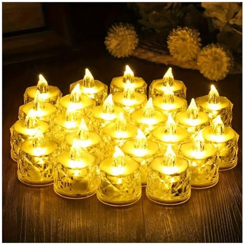 24 Pcs LED Tea Light Candles, Transparent Rhombus Crystal Warm Lights, Battery Operated Fake Candles Light, Battery Tea Lights Non Flickering for Votive Party Wedding Birthday Home Decoration