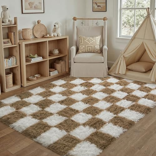 HUGEAR Tappeto Salotto 120x180cm Marrone Bianco a Quadri | Pelo Lungo, Morbido, Antiscivolo, Moderno, Grande, Camera da Letto, Cucina, Sala, Scendiletto, Esterno, Bambina, Bambini