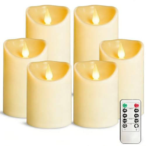 OSHINE Flamlösa batteriljus i plast – LED-batteriljus set med 6 elfenben D3 H4 5 tum 15 cm drivet utomhusljus utomhus med fjärrkontroll och timer elektrisk falsk flimmer för dekoration fest