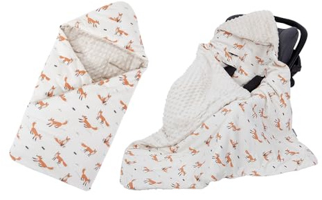 HOUSBAY Baby Blanket Newborn with Hooded Windproof Warm Portable Swaddle Wrap for Basket Safety Seats, Beige, 35.5''x35.5'', Minky Dot and 100% Cotton Fox Printed