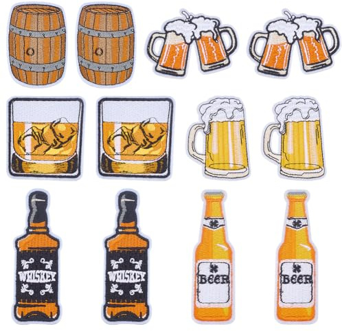 WEBEEDY 12 Pcs 6 Styles Beer Iron On Patches Whiskey Cheers Drink Embroidered Appliques Embellishments Glass Bottle Beer Sewing on Patches for DIY Sewing Craft Backpack Hat Bag Jackets Clothing Decor
