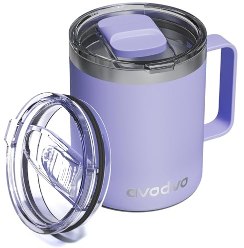 avodvo 12oz Insulated Coffee Mug with 2 Lids & Handle, Stainless Steel Cup