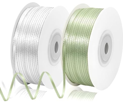 FICOFISE 91 m satinband vitt och grönt: 3 mm band 2 rullar, presentband vitgrönt, dubbelsidigt sidenband, för dekoration pyssel bröllop födelsedag gör-det-själv presentförpackning bukett dop