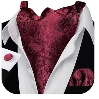 Barry.Wang Mens Burgundy Cravat Tie Silk Ascot Paisley Scarf Self Necktie Pocket Square Cufflinks Set Dress Wedding Party Prom