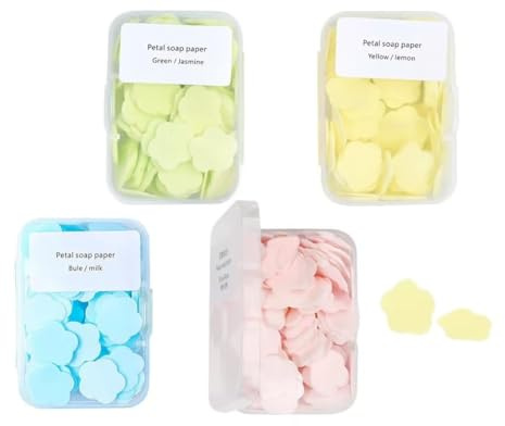 Jabón de papel, 4 hojas desechables de pétalos desechables con aroma diferente, para lavar a mano, jabón de baño soluble, adecuado para exteriores, viajes, camping, 4 cajas (aproximadamente 400 hojas)