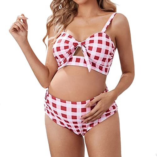 Generisch Été Femme Maternité Plaid Imprimé Plage de Bain Sexy Maillot de Bain Costumes Maternité Grossesse Bikini, Rose, L