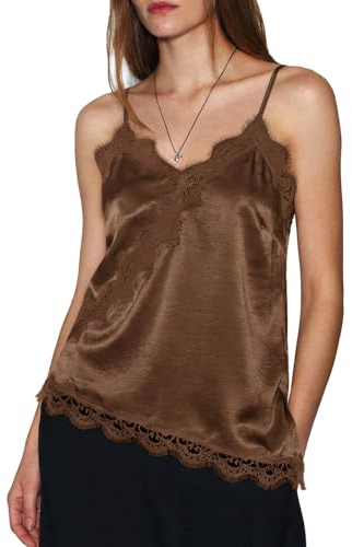 Cicy Bell Blusa de encaje para mujer - Cuello en V - Satén - Sin mangas - Espalda descubierta - Camiseta de verano - Spaghetti - Con bajo asimétrico, marrón, S