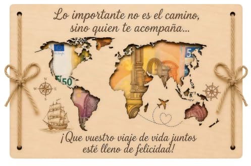 Regalo Boda Novios Mapa Mundial de Madera 20x15 cm, Regalo Dinero Boda Original para Recién Casados, Tarjeta Felicitación Boda con Espacio para Billetes, Regalos de Bodas Originales