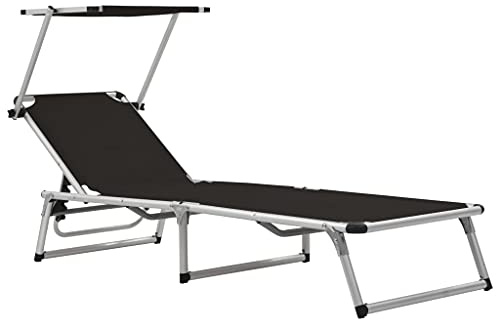 Heofavd Tumbona plegable con toldo, tumbona de jardín de aluminio y textileno, tumbona de tres patas ajustable para jardín, balcón y playa, 186 x 58 x 25,5 cm, color negro