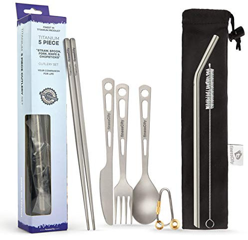finessCity Titanium Utility Cutlery Set - Extra Strong, Ultra Lightweight (Ti), 3/4/5 Piece Straw Chopsticks Knife Fork Spoon Set for Home/Travel/Camping Use