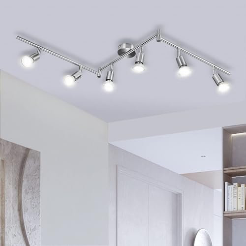 BOJIM Drehbare Küchendeckenleuchte, verstellbare Schlafzimmerstrahler, Nickel LED Schienenbeleuchtung, 6 Wege Deckenlampe innen, 6 GU10 Glühbirnen, 6W 4000K für Wohnzimmer, Fitnessstudio, Büro