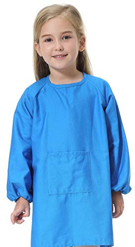 Baumwolle Malkittel Kinder, Taschenschürze mit Langen Ärmeln, abwaschbar Kinderschürze, Bastelkittel für Kinder, Kunstkittel für Malen Kochen Backen (Medium,Blau)
