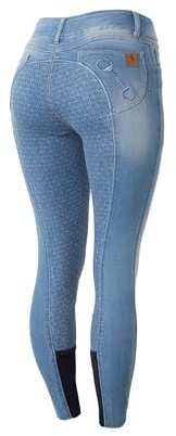 HORZE Damen Reithose Kaia, Jeansoptik, Vollbesatz & Gürtelschlaufen, Blau, 38