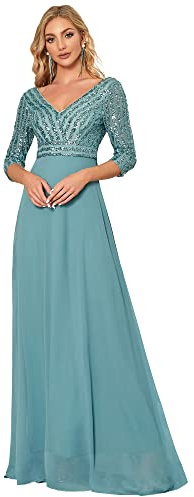 Ever-Pretty Abito da Cerimonia Elegante Manica Lunga Scollo a V con Paillettes Linea ad A Chiffon Donna Blu Polveroso 48